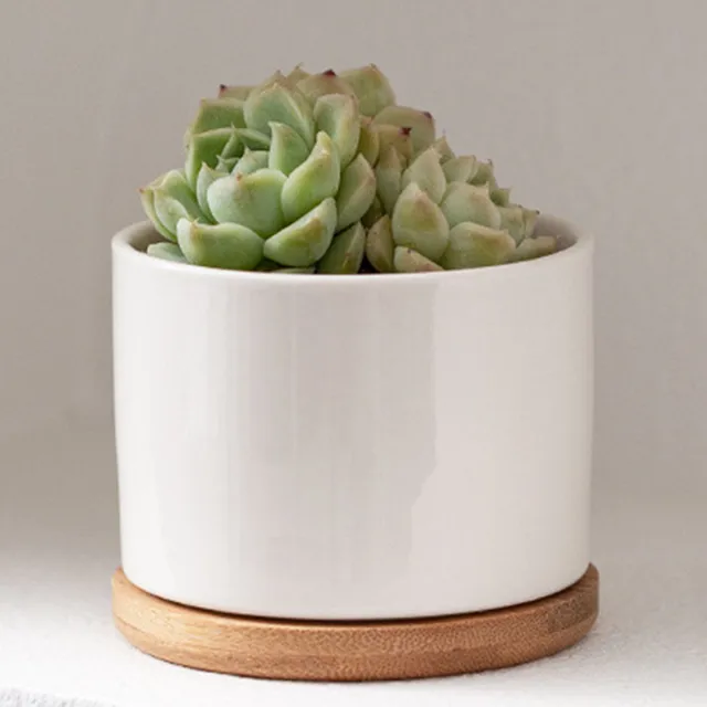 Ceramic Planter Pot with Bamboo Tray Succulent Plant Round Desktop Pot Small Bonsai Pots Green Planters Creative Flowerpots 4