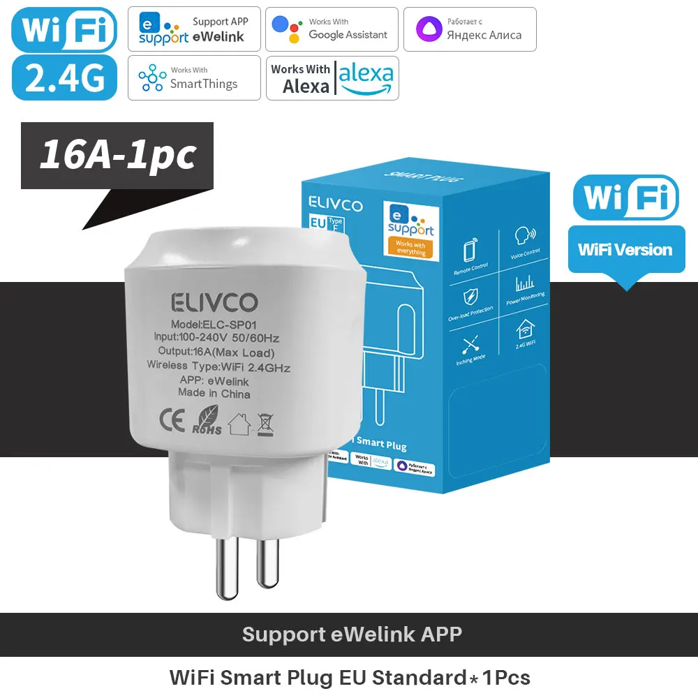 Presa intelligente WiFi Ewelink EU 16A con monitoraggio della potenza e funzione di temporizzazione, controllo vocale tramite Alexa e Google Home