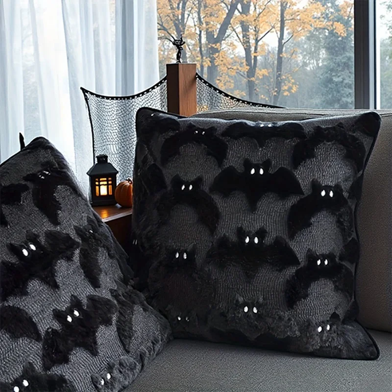 Halloween Black & White Ghost Bat Decorative Plush Pillow Cover - Festive Home Accent
