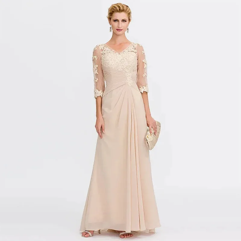 

Elegant Champagne A-Line Mother of the Bride Dress V-Neck Floor-Length Chiffon Applique Ruched Half Sleeve Wedding Party Dress