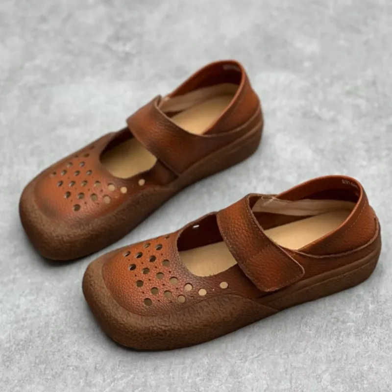 

YourSeason Vintage Handmade Genuine Leather Square Toe Ladies Flat Shoes 2023 Summer Women Hollowed Out Cowhide Sandals