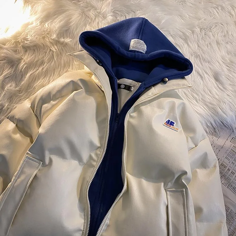 Fake Two-Piece Cotton-Padded Coat Men Winter Korean Style Loose PU Leather All-Matching Hooded Handsome Cotton Jacket Coat