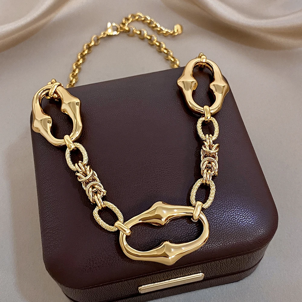 Vintage Vergoldete Edelstahl-Halskette mit Übertriebener Geometrischer Verbindung, Klobige Kettenglieder-Halsketten, Collares Schmuck