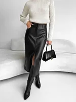 Jupe en cuir taille haute femmes fente avant printemps automne jupe longue taille haute bureau dame jupes minces élégant Ropa De Mujer 2