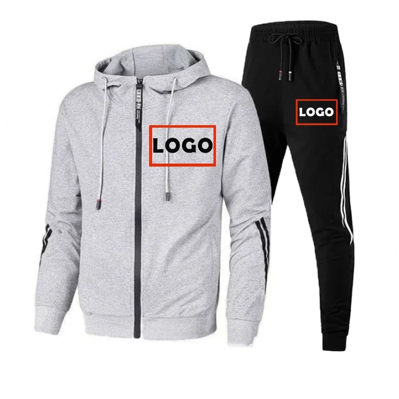 Custom Logo Men's Tracksuit Brand Zipper Hooded Jacket and Sweatpants 2 Pieces Set Fashion High Quality Streetwear Male Outfits