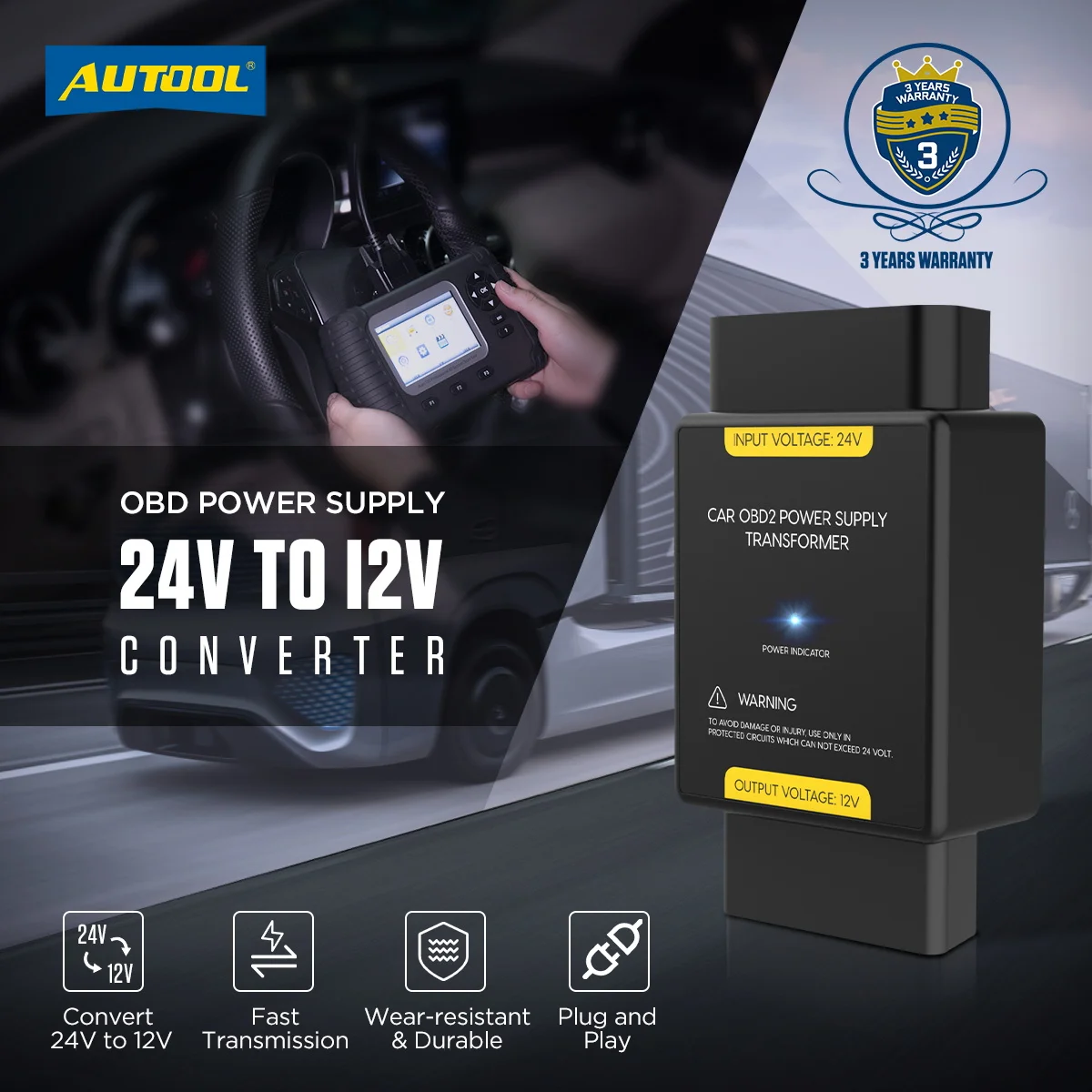AUTOOL Auto OBD Netzteil Transformator Netzteil 24V zu 12V Eingangsspannung 24V zu Ausgangsspannung 12V OBD Adapter Stecker – Detail 1