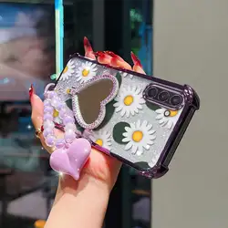 White Daisy Phone Case Set with Lanyard & Circular Stand - 3 - Piece Collection - Galaxy M02 (PURPLE)
