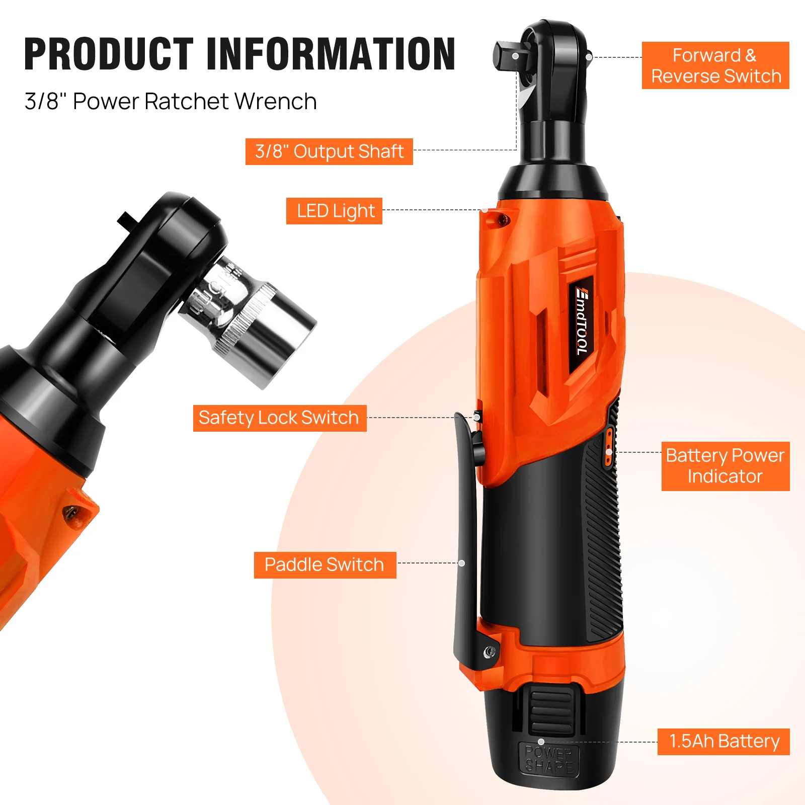 New 3/8 Inch Cordless Electric Wrench 90° Right Angle Ratchet Wrenches 12V Rechargeable Car Repair Tool with 2 Battery 7 Sockets 4