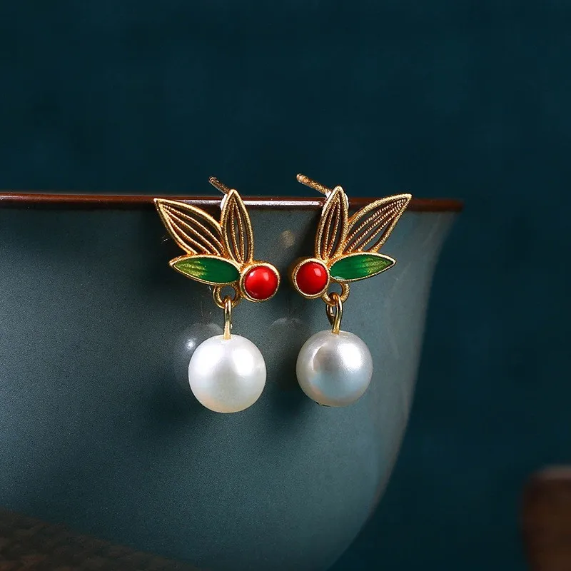 Chinese Style Pearl Pendant Earrings for Women Gradient Butterfly Enamel Earrings Light Luxury Retro Jewelry Birthday Gift