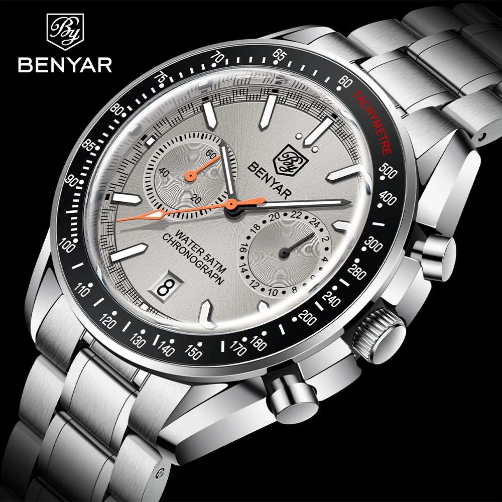 BENYAR New Luxury Men Quartz Wristwatches Top Brand 50M Waterproof Stainless Steel Strap Casual Men Chronograph Watch For Men