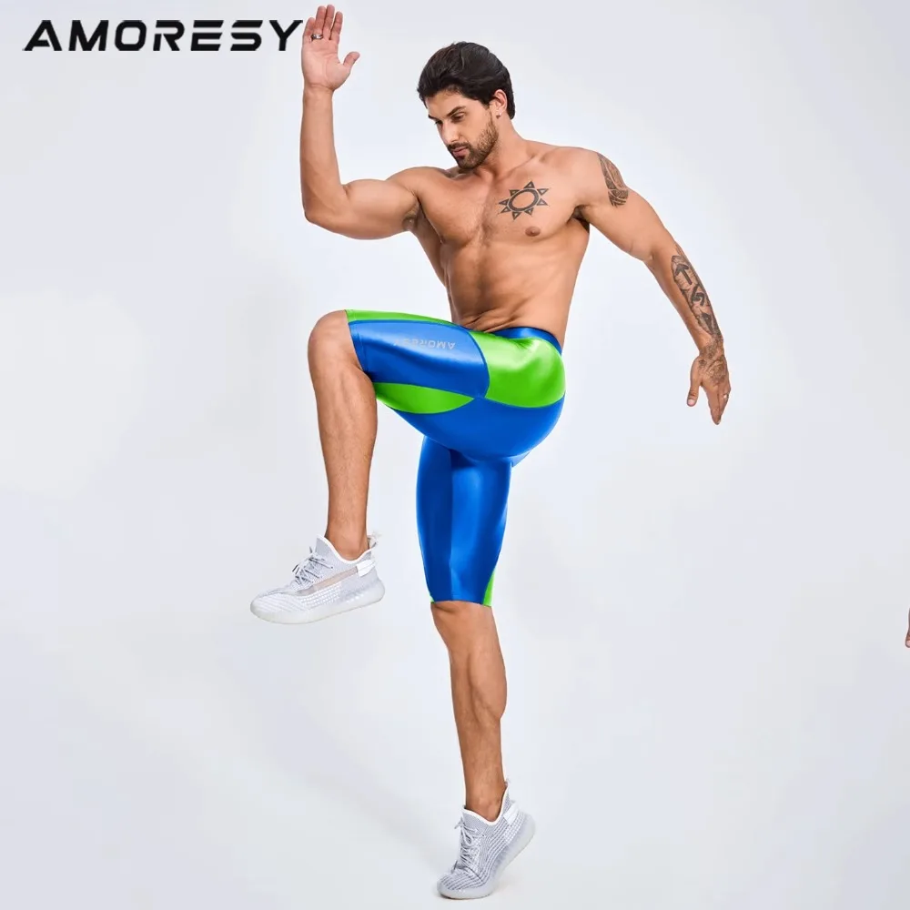 AMORESY men shorts casual fitness five quarter shorts cycling wrestling shorts satin glossy pants 4