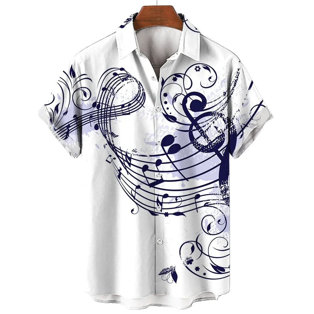 New Men's Shirt 2023 Summer Fashion Hawaiian Shirt Short Sleeve Lapel Top Music Symbol Pattern Print Shirt Oversized Man Clothes 2