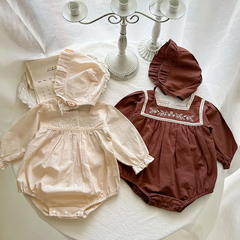 

Toddler Baby Girls Romper+Hat Lace Stitching Floral Embroidery Infant Baby Girls Jumpsuit Autumn Spring Baby Girls Clothing