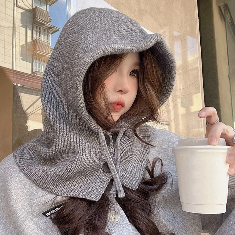 Winter Hat With Hood & Scarf Knitted Balaclava Beanie For Women & Girls Warm Breathable Adjustable-Grey High Guality