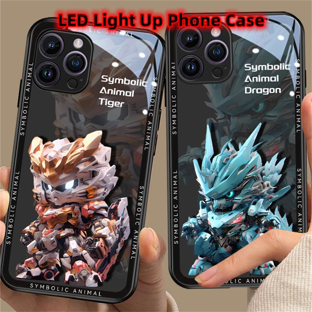 

12 Zodiacal Animals Mecha LED Light Up Glass Phone Case Back Cover For XiaoMi 13 12 11 Pro Ultra RedMi K60 K50 Poco F3 F4 F5