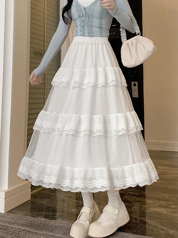 White Black Mid Long Skirt Women Crochet Lace Skirt 2024
