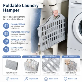 Foldable Plastic Laundry Hamper, Ventilated Space Saving Dirty Clothes Storage Basket with Built-in Handle, Large Capacity Collapsible Laundry Basket for Bathroom, Bedroom, Toys & Household Organizer 1