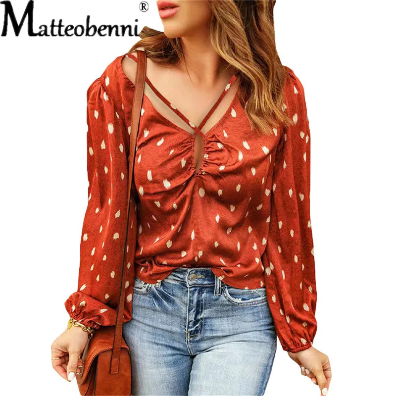 2022 New Polka Dot Print Shirt Women's Summer V-Neck Cross Drawstring Puff Sleeve Blouse Tops Ladies Casual Loose Street Shirts blouses ombre criss cross hollow out blouse in multicolor size l m s xl