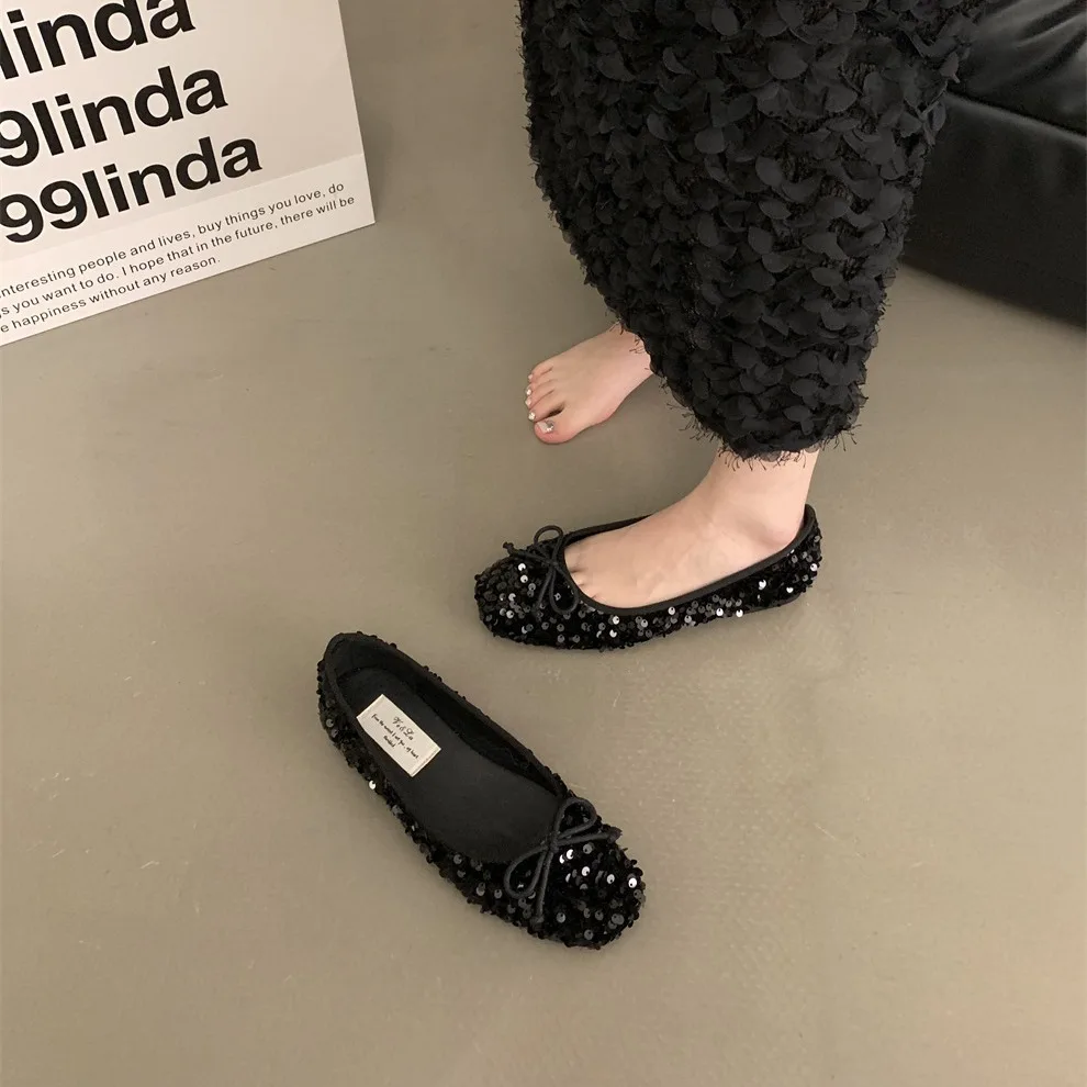 sequin Flat black shoes bowknot women
