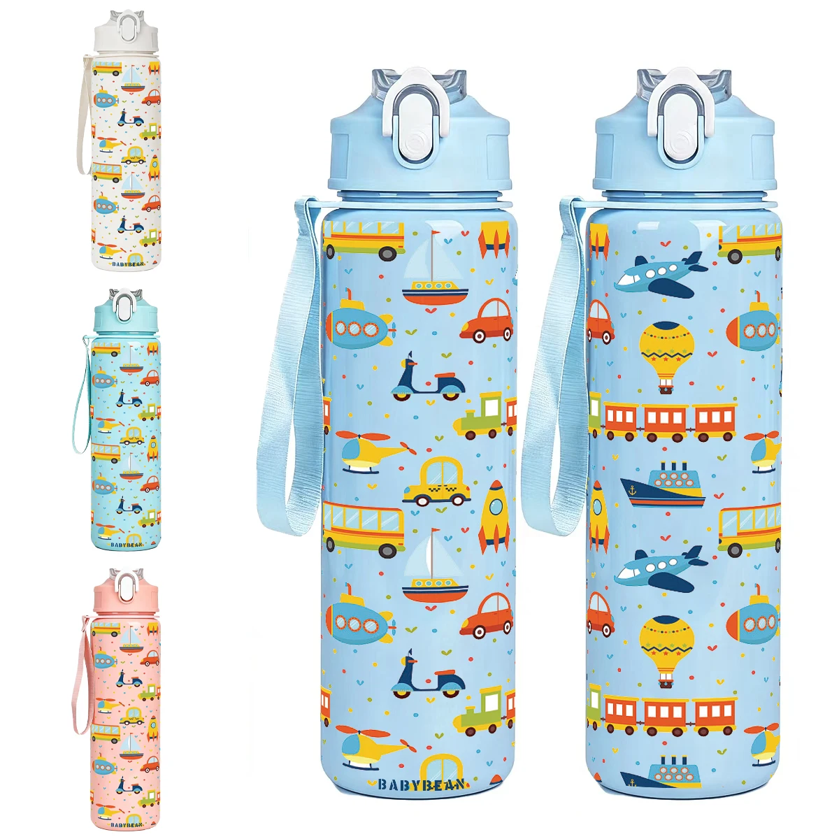 Cartoon Transport Vehicle Print Leakproof Water Bottle with Flip Straw and Lanyard - 750ml