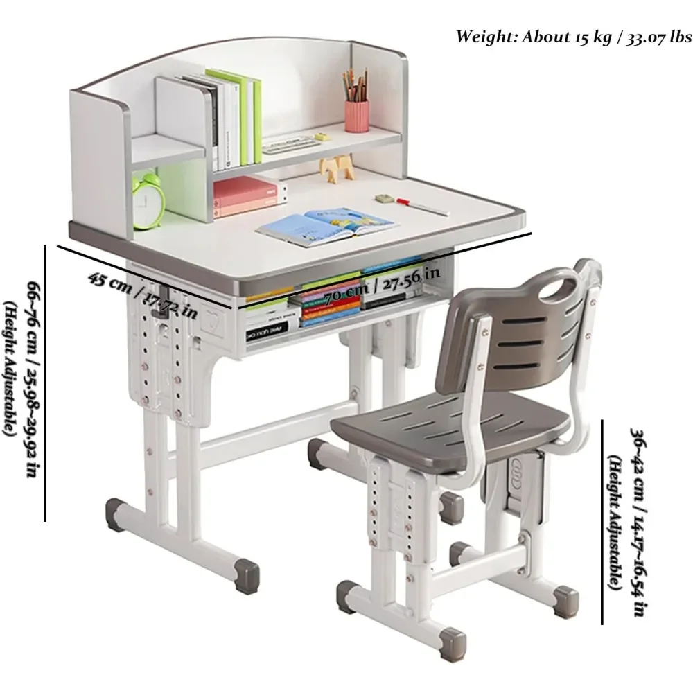 Kids' Study Desk Chair Sets, Adjustable Height, Ergonomic Design, with Large Storage Drawer and Bookshelf, Grey, for Bedroom