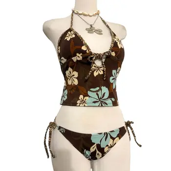 2Pcs/Set Fashion Summer Y2k Beach Bikini Punk Harajuku Bikini Set Bathing Suit Goth Beachwear Vacation 1
