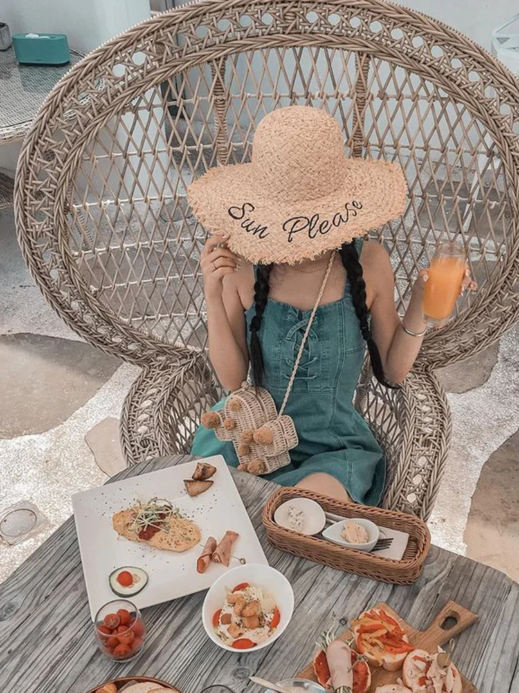 Hand Woven Raffia Embroidered Letter Sun Beach Hat Brim Straw Hat