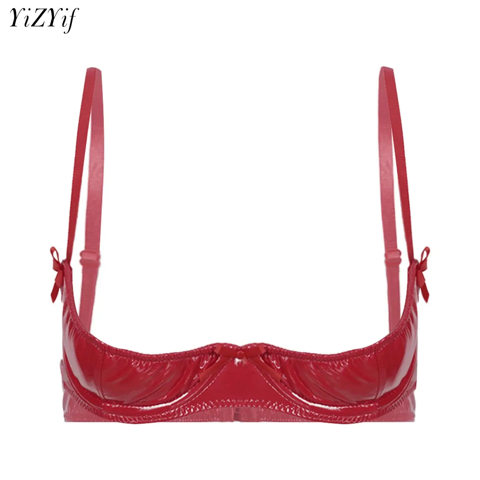Women Wet Look 1/4 Cup Bra Underwired Push Up Bralette Lingerie Glossy Patent Leather PVC Balconette Open Breast Cup Bra Top