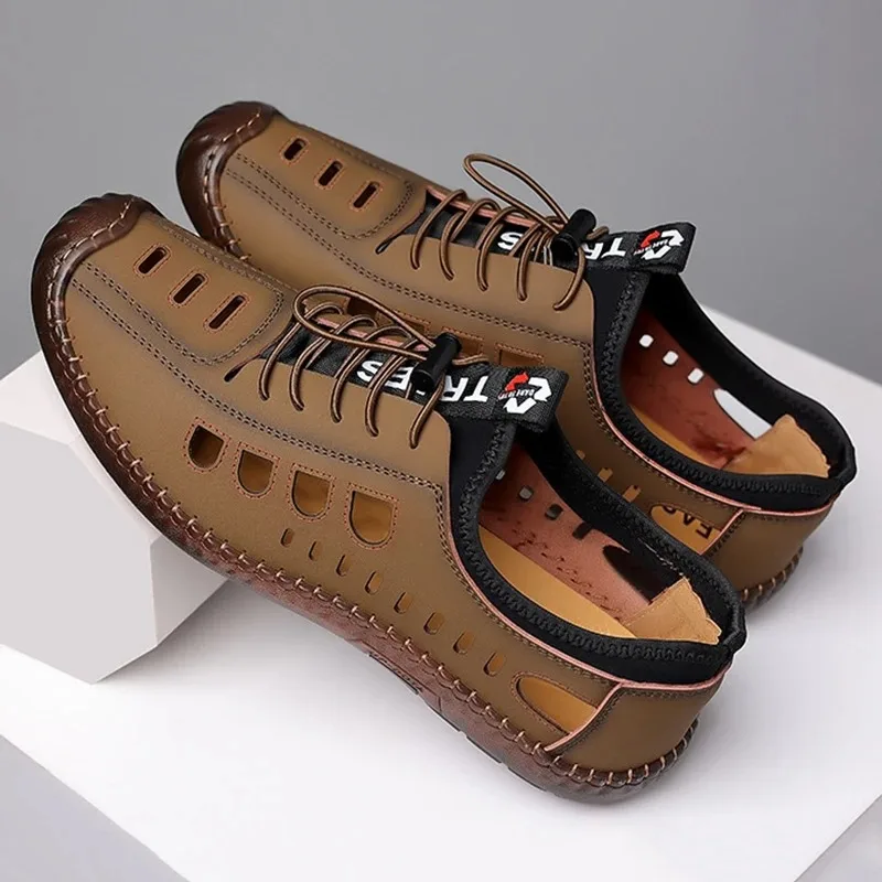 Men's Soft Leather Sandals Breathable Hollow Out Non-slip Cow Tendon Sole Casual Business Leather Shoes Outdoor Beach Shoes