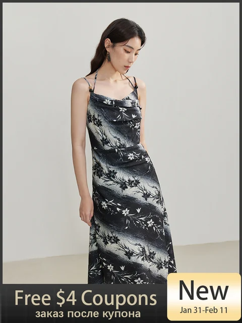 DUSHU Floral Print Design Swing Collar Women 2024 Spring New Suspender Dress Asymmetrical Long Beige Dresses 24DS81132 Excellent product recommendation