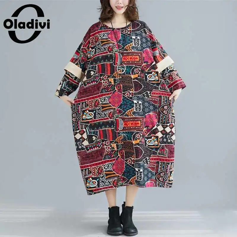 

Oladivi Oversized Spring Autumn Fashion Print Cotton Linen Dress Women Casual Loose Midi Dresses Tunic Large Clothing Robe Femme