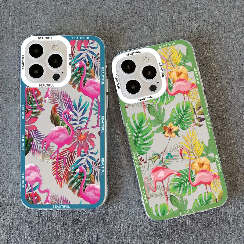 Leaves Monstera Green Flamingo Clear Phone Case Per Iphone 15 14 11 12 13 Pro Max 15 14 7 8 Plus Xs X Xr Se2 Fundas Trasparente