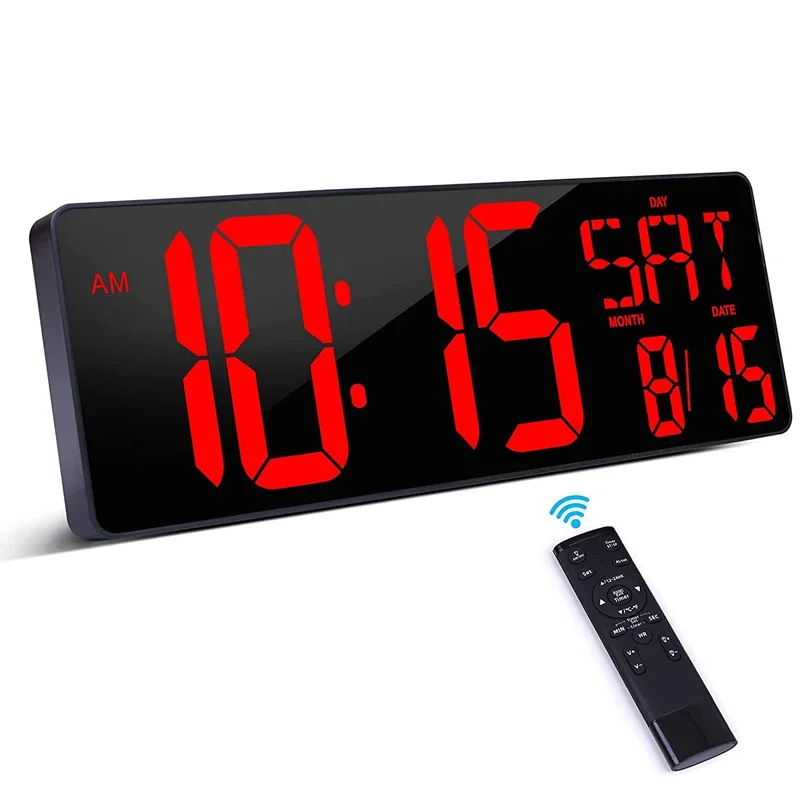 

LED Large Display Digital Wall Clock with Remote Control 16.5 Inch Count Up Timer Dimmable Alarm Clock with Day Date Temperature