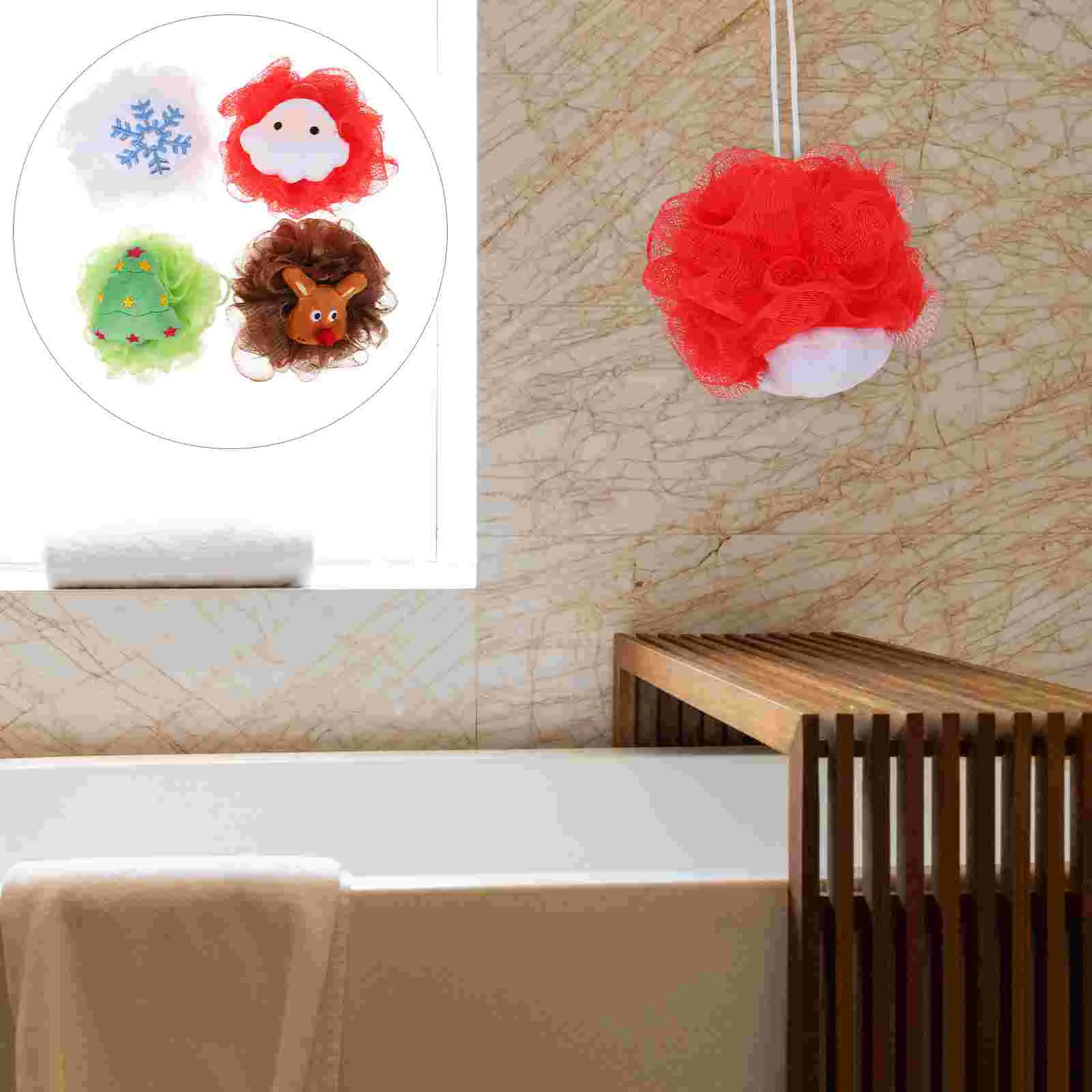 

Christmas Bath Loofah Santa Claus Xmas Tree Reindeer Mesh Pouf Ball Shower Sponge Body Scrubber Exfoliator Skin Exfoliating