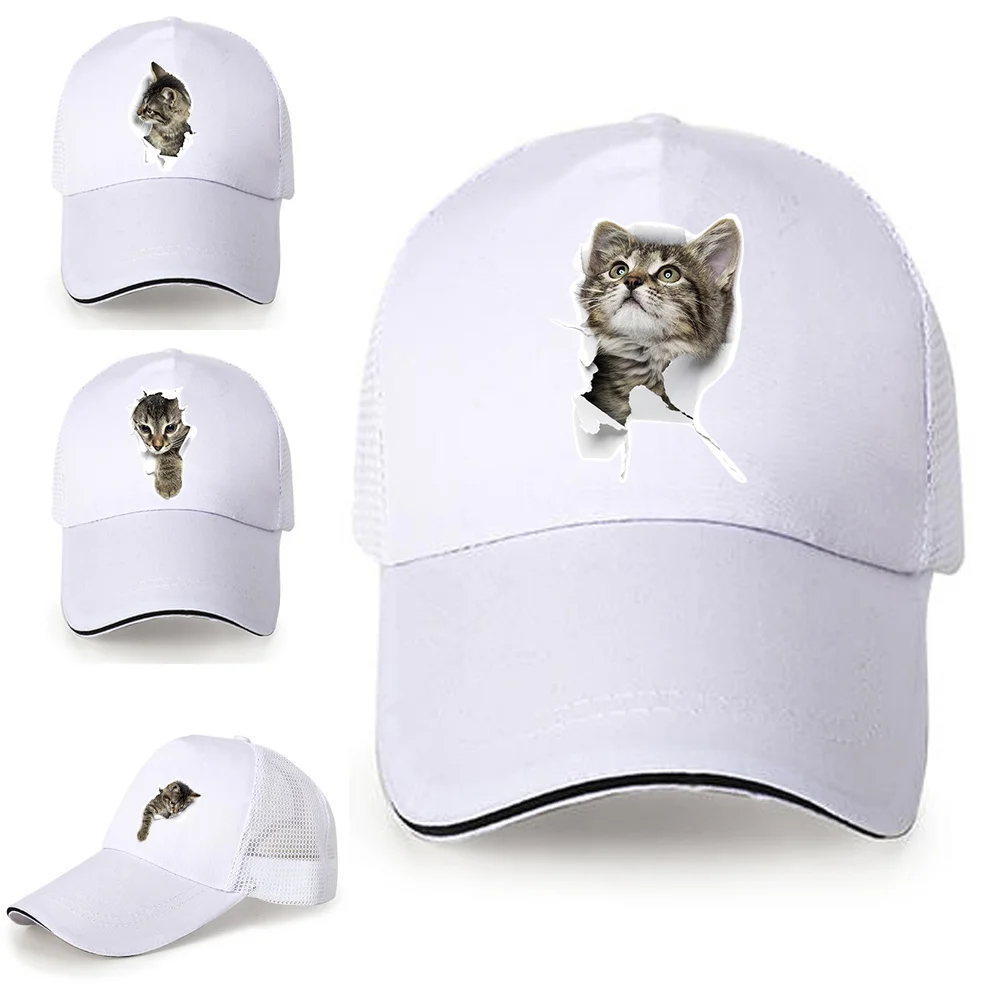 

Women Men Mesh Baseball Cap Cat Print Solid Snapback Label Stick Sunhat Outdoor Summer Breathable Hip Hop Baseball Hat Casquette