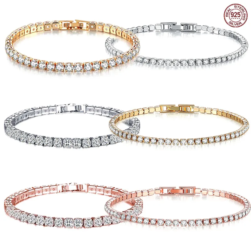 

Popular Simple 925 Sterling Silver 4mm Round Single Row Full Diamond Gold Tennis Bracelet Women's Luxury and Exquisite Jewelry