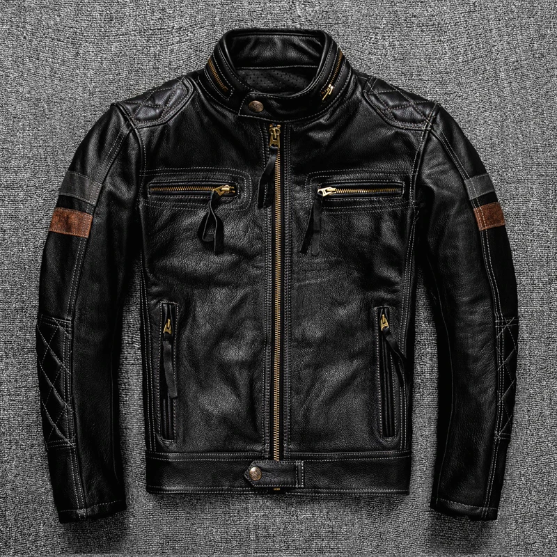 

Free shipping.2024 Brand new Pro motor biker real leather jacket.cool black men rider cowhide coat.quality thick leather cloth