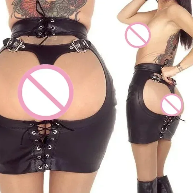 Vrouwen Sexy Lace Up Pvc Latex Bondage G-string Fetish Bodycon Hip Micro Mini Skirt Set
