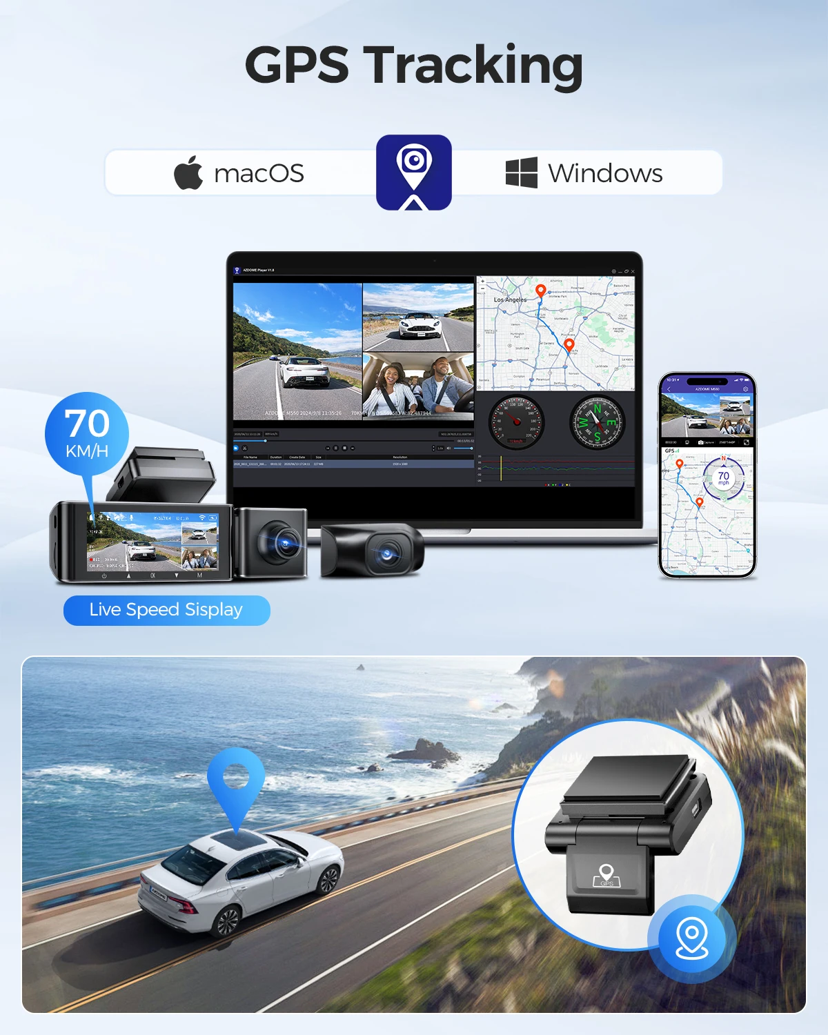 AZDOME 4K dashcam auto, 4K 1080p autocamera voor achter, WiFi GPS, 3,19 inch dashcam met 64G SD-kaart, nachtzicht, WDR, G-sensor, parkeermodus (M550 Pro
