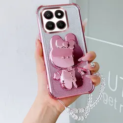 Luxury Shockproof Phone Case with Cute Rabbit Makeup Swivel Stand & Crystal Lanyard for Honor Play 60Plus (Pink)