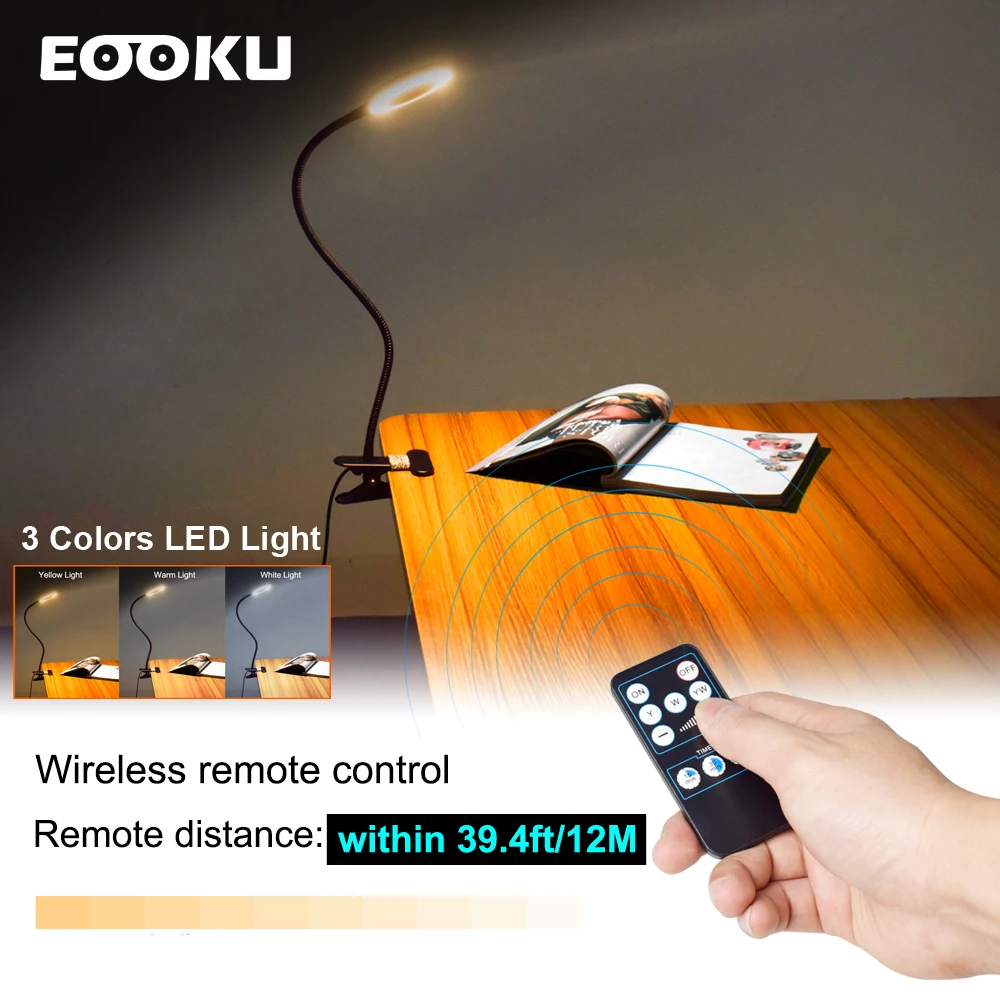 

EOOKU Remote Control Reading Lamp with 3X Magnifying Glass Flexible Arm 3 Colors Eye Protection Desk Lamp for Work Office Home