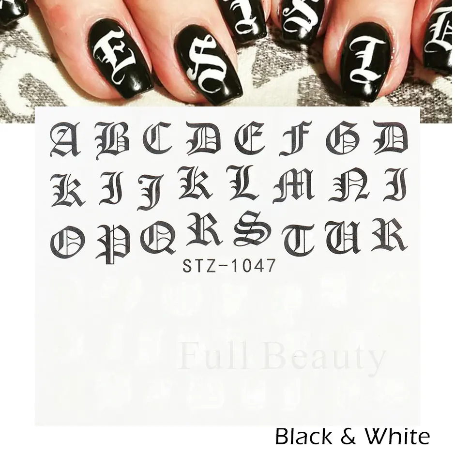 ABC Letter Decals Nail Art Stickers English Old Font Black Number Tattoo Nail Design Water Sliders Manicure Wraps CHSTZ1046-1049 nail stickers,nail art decoration,nail decals,nail art tools