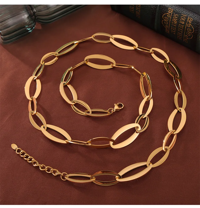 Edelstahl Vergoldetes Set mit Dicken Ketten, Langer Halskette und Armband, Luxuriöser Strass-Hochzeitsschmuck für Damen – Detail 9