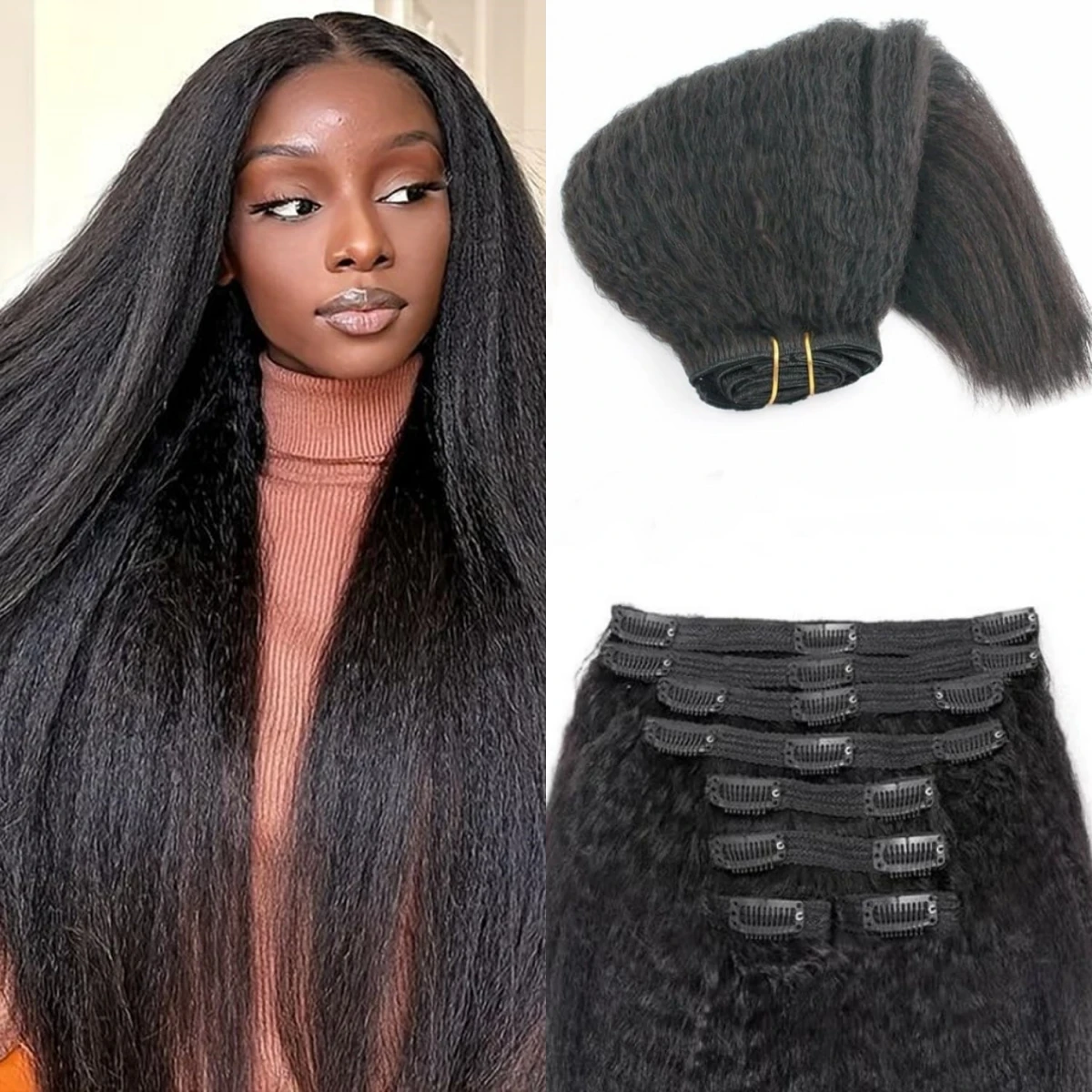 Kinky Straight Human Hair Clips In Hair Extensions 120g/set 18Inch Body Wave Remy Deep Curly #1B Natural Black hair extensions
