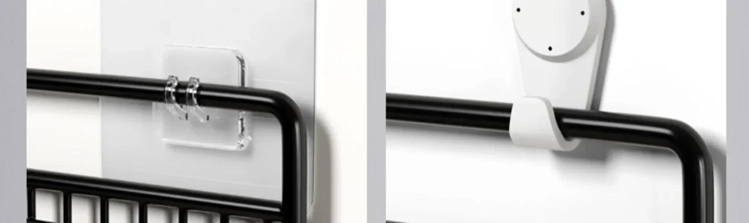 Close-up of hook on no drill bathroom shelf for hanging items