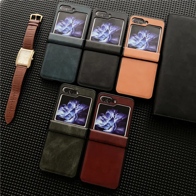 Leather Phone Case For Samsung Galaxy Z Flip 3 4 5 5G Solid Color Stand Hinge Protective Flip5 Shell Cover