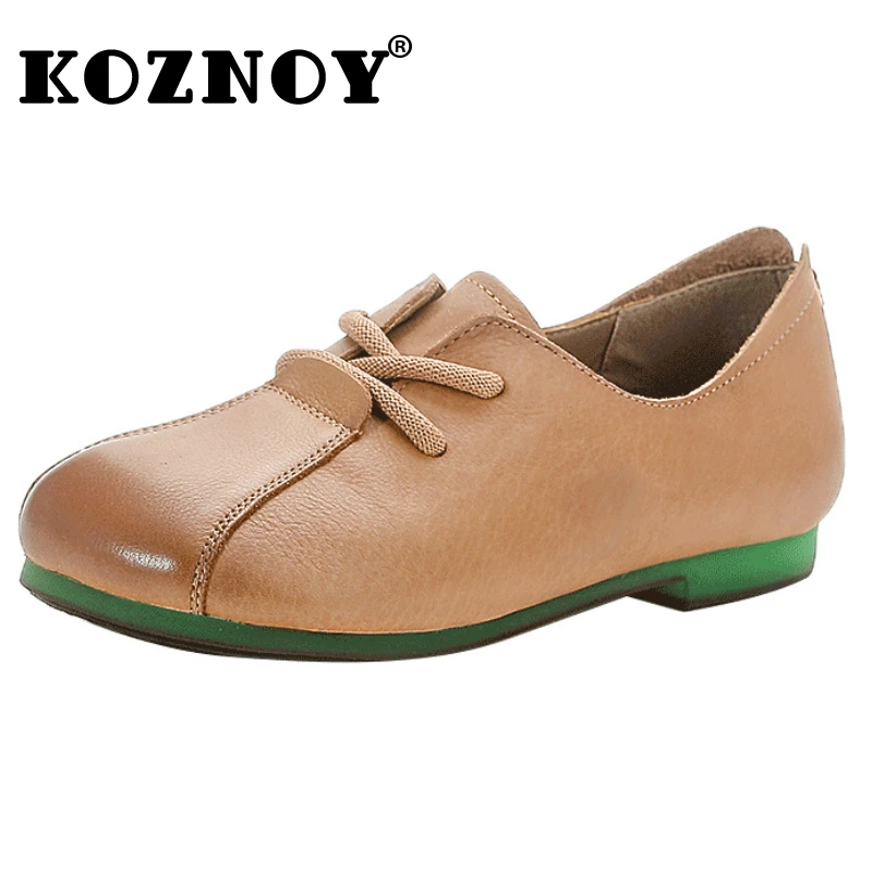 

Koznoy 3cm Retro Women Summer Shoes Natural Cow Genuine Leather Round Toe Loafer High Brand Lace Up Oxfords Comfortable Flats