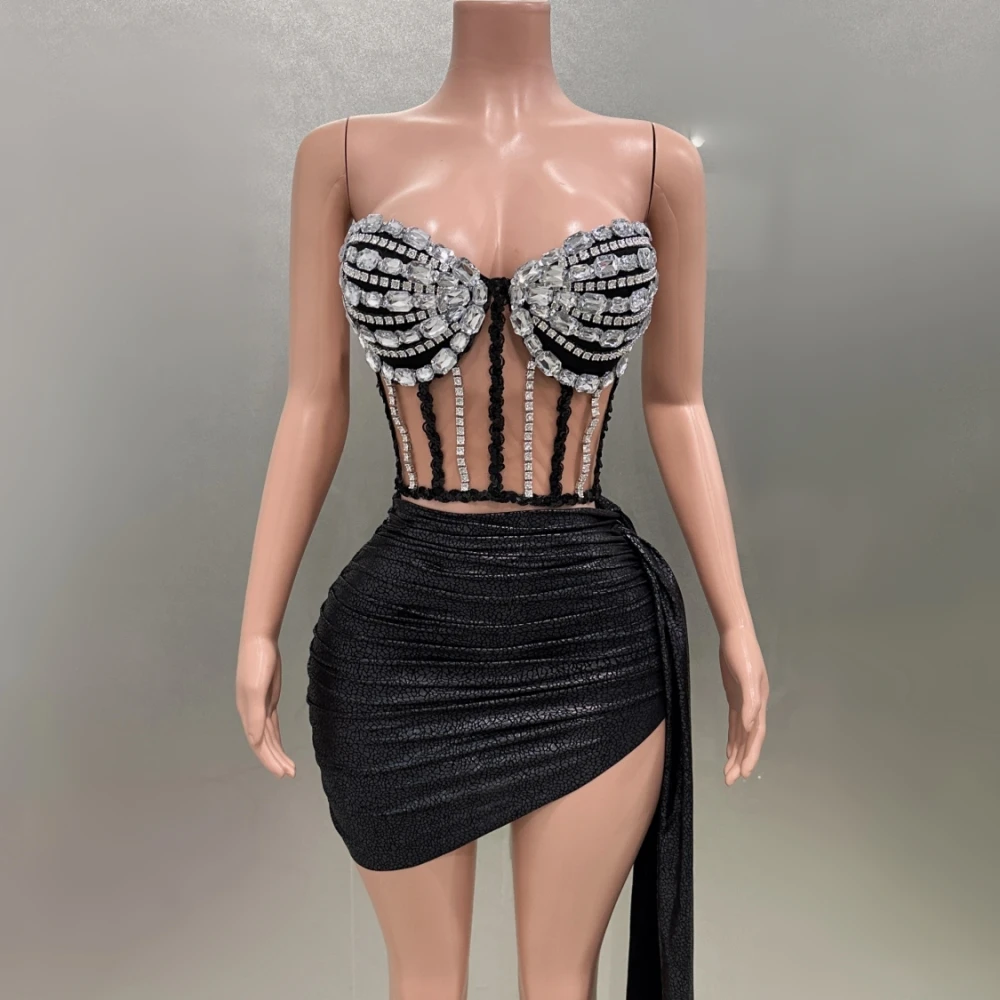 

Блестящий черный сексуальный топ со стразами без бретелек Юбка-футляр вечерний костюм из двух предметов для празднования ночного клуба представлений костюм