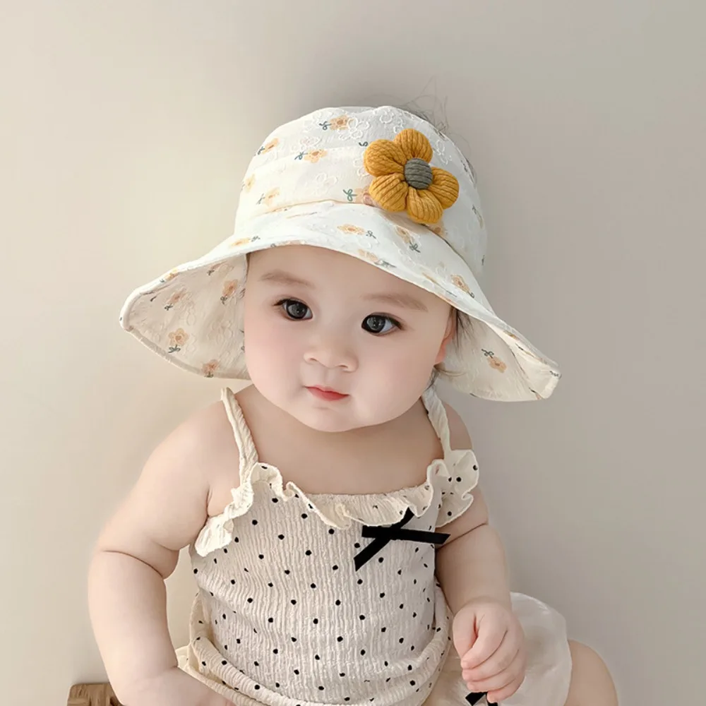 Comfortable Korean Style Empty Top Sunhat Cotton Breathable Baby Sun Shading Hat Anti-UV Flower Children's Fisherman Hat Girls