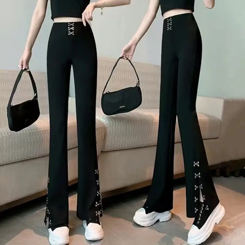 Korean Fashion Versatile Spring Autumn New Flare Pants Women Solid Color High Waist Elastic Casual Slit Wide Leg Trousers 2024